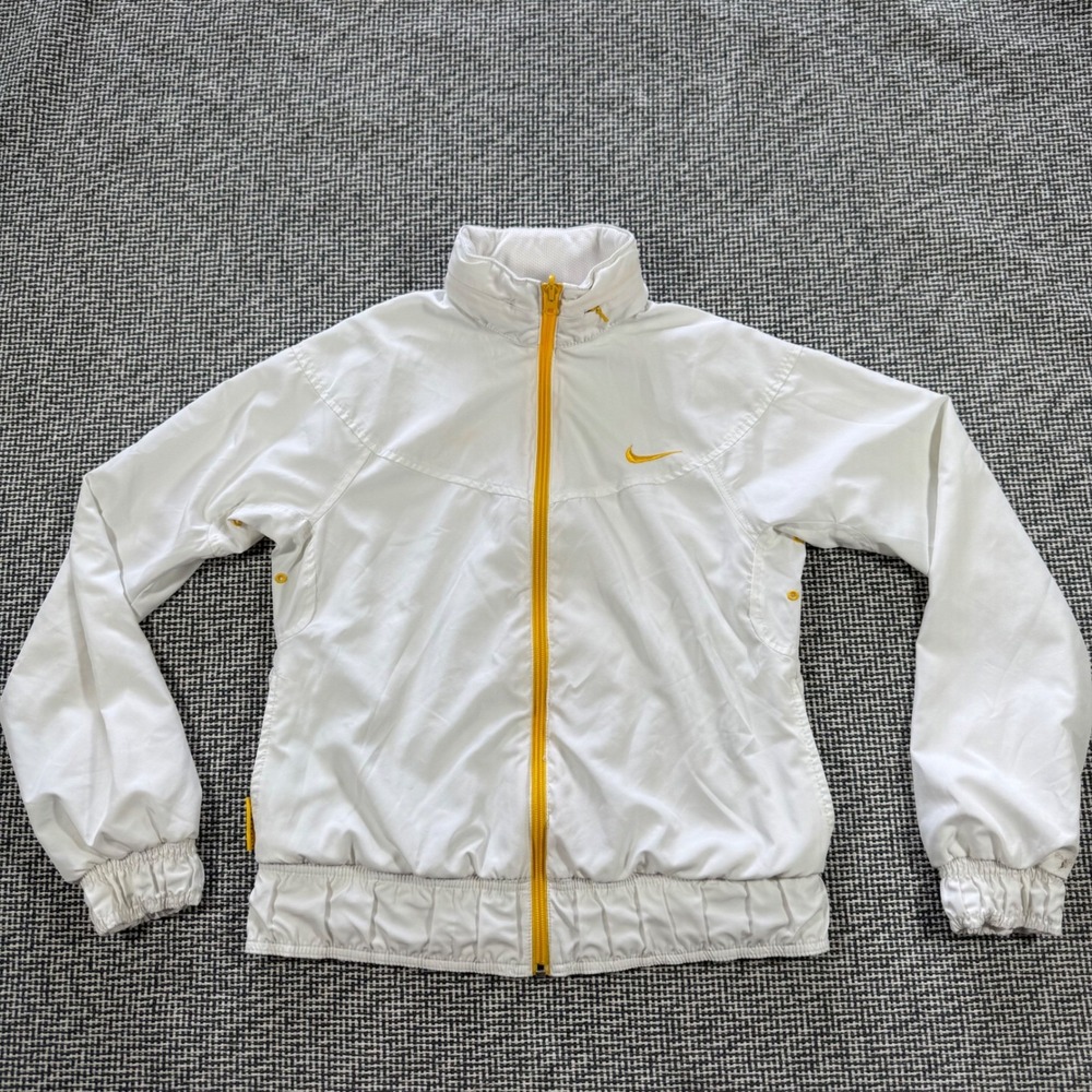 Nike Womens White Yellow Zip Up Windbreaker Track Jacket Mesh Lined Small